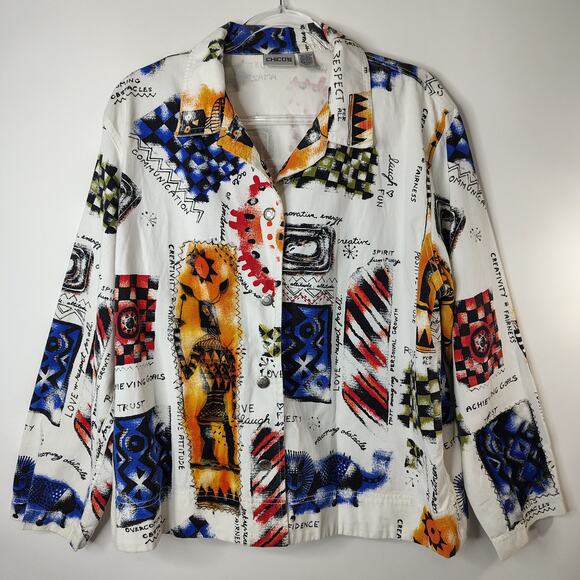 Chico’s Shaman Speaks Jacket Womens 3 / X-Large Abstract Artsy Positive Graphic - Picture 1 of 14